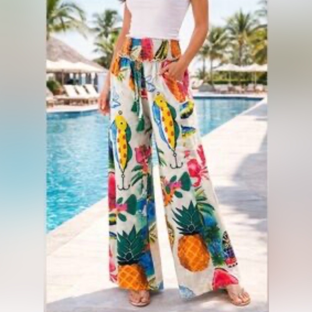 True Destinations Palazzo Pants resort beach vacation tropical wide leg L - Picture 1 of 8